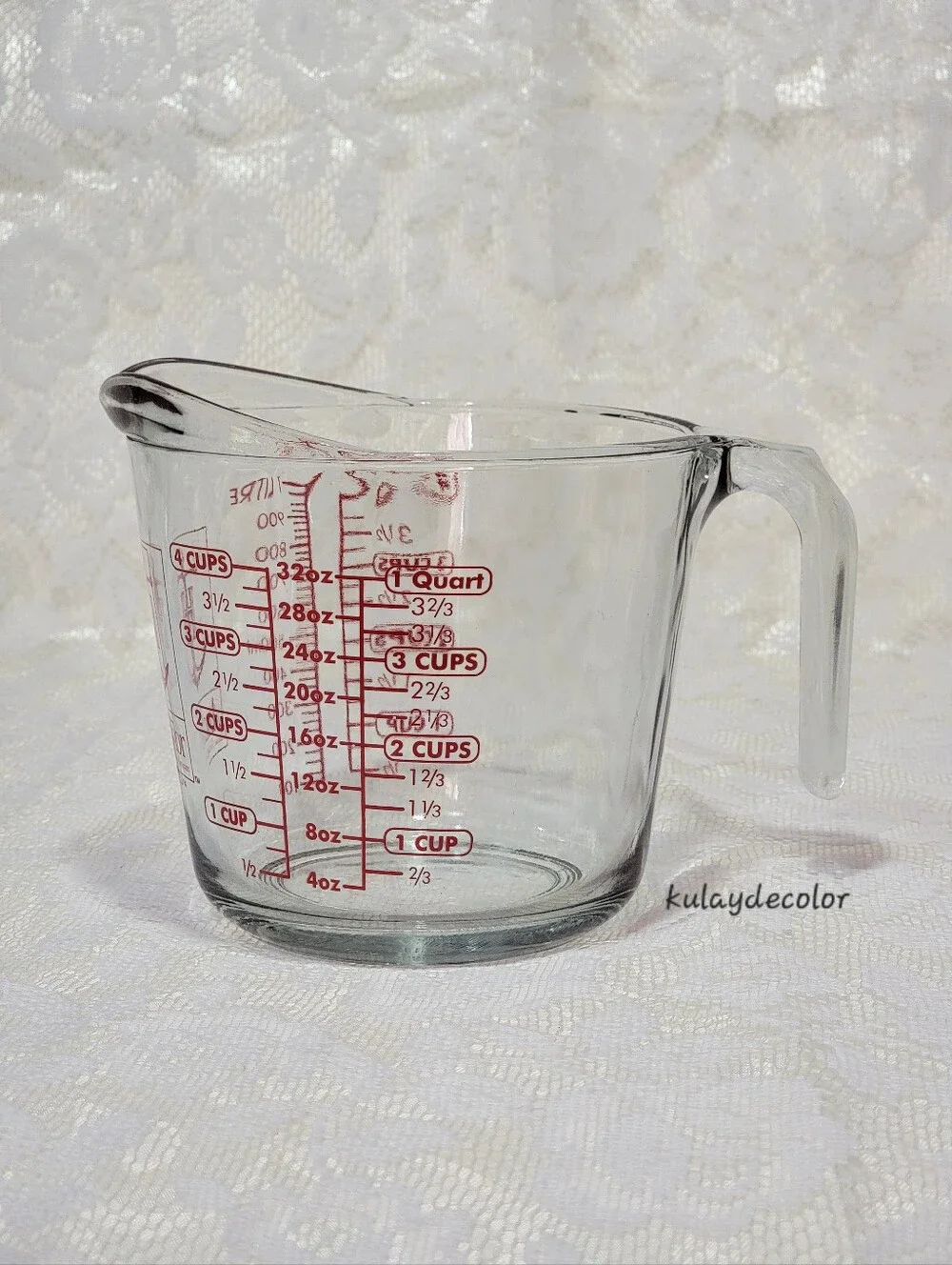 Anchor Hocking 4 Cup 1 Quart Glass Measuring Cup Red Lettering 32 oz 1 Liter